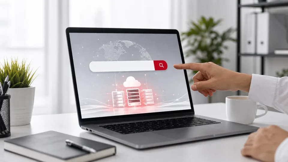 Laptop z wyszukiwarką domen i wizualizacją serwerów